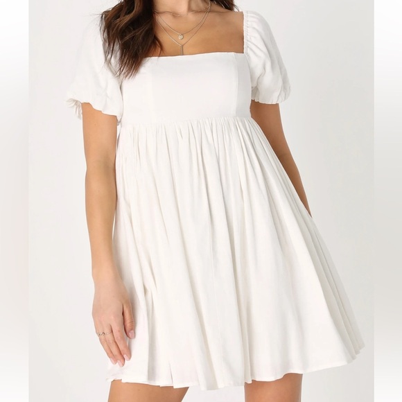 Lulus Uniquely Sweet Off White Puff Sleeve Babydoll Dress | Size S | NWT - Picture 1 of 14
